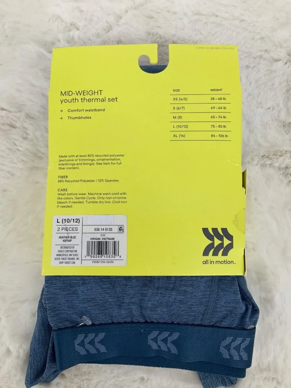 All in Motion Large 10-12 Mid-weight Youth Thermal Underwear Set Blue NEW